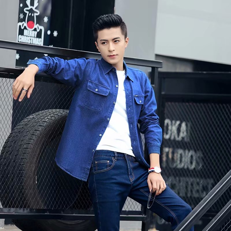 秋季中年男士牛仔外套全棉长袖衬衫男翻领中长款薄款宽松大码男装