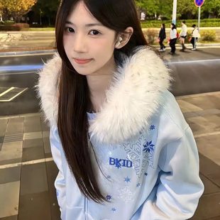 雪花字母刺绣连帽卫衣开衫外套女2025新款秋冬加绒加厚拉链外套