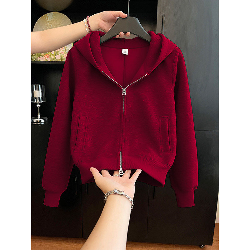 浅灰色重磅加绒卫衣外套女秋冬2025新款高级感小个子短款开衫上衣