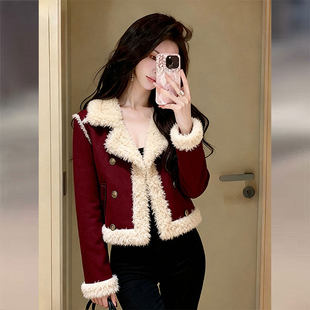 小香风红色羊羔绒短外套女2025冬季新款独特漂亮气质加厚上衣