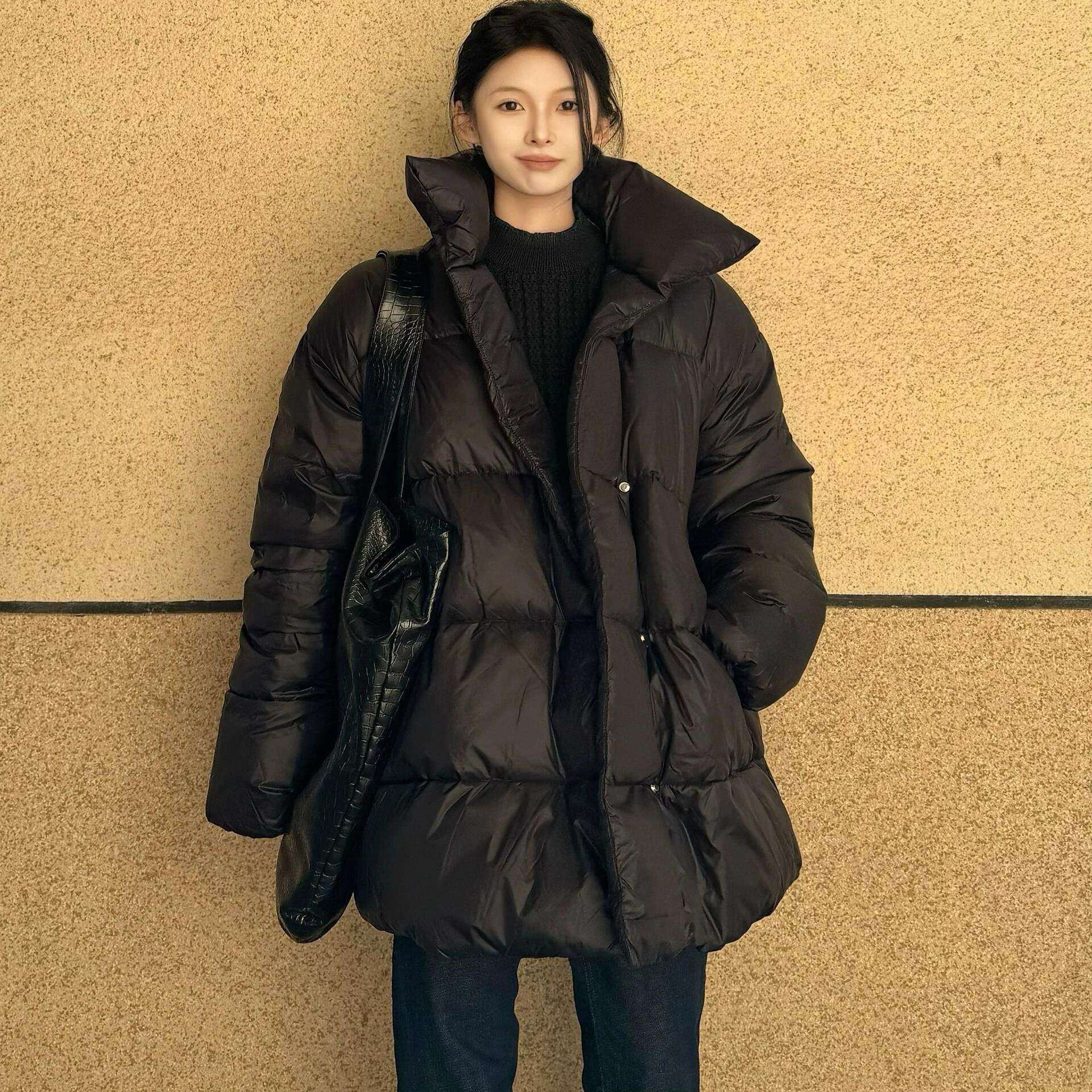黑色羽绒服女冬季2025年新款韩版宽松加厚保暖中长款90白鸭绒外套