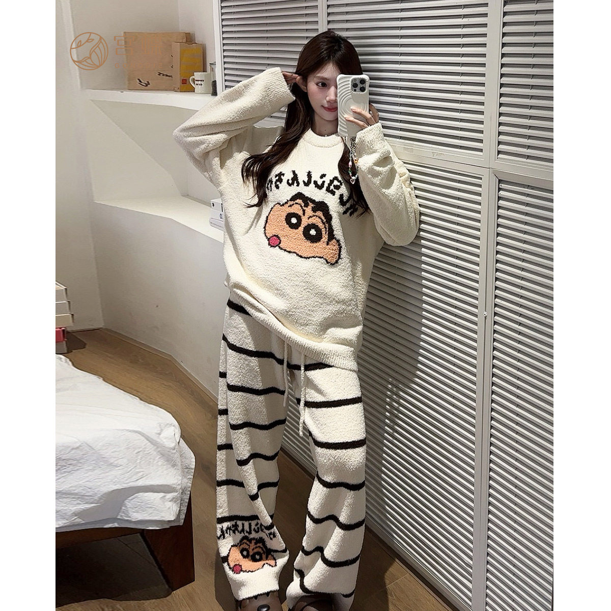 宫蝶【蓄热型】蜡笔小新软绵绵睡衣女半边绒秋冬防静电家居服套装
