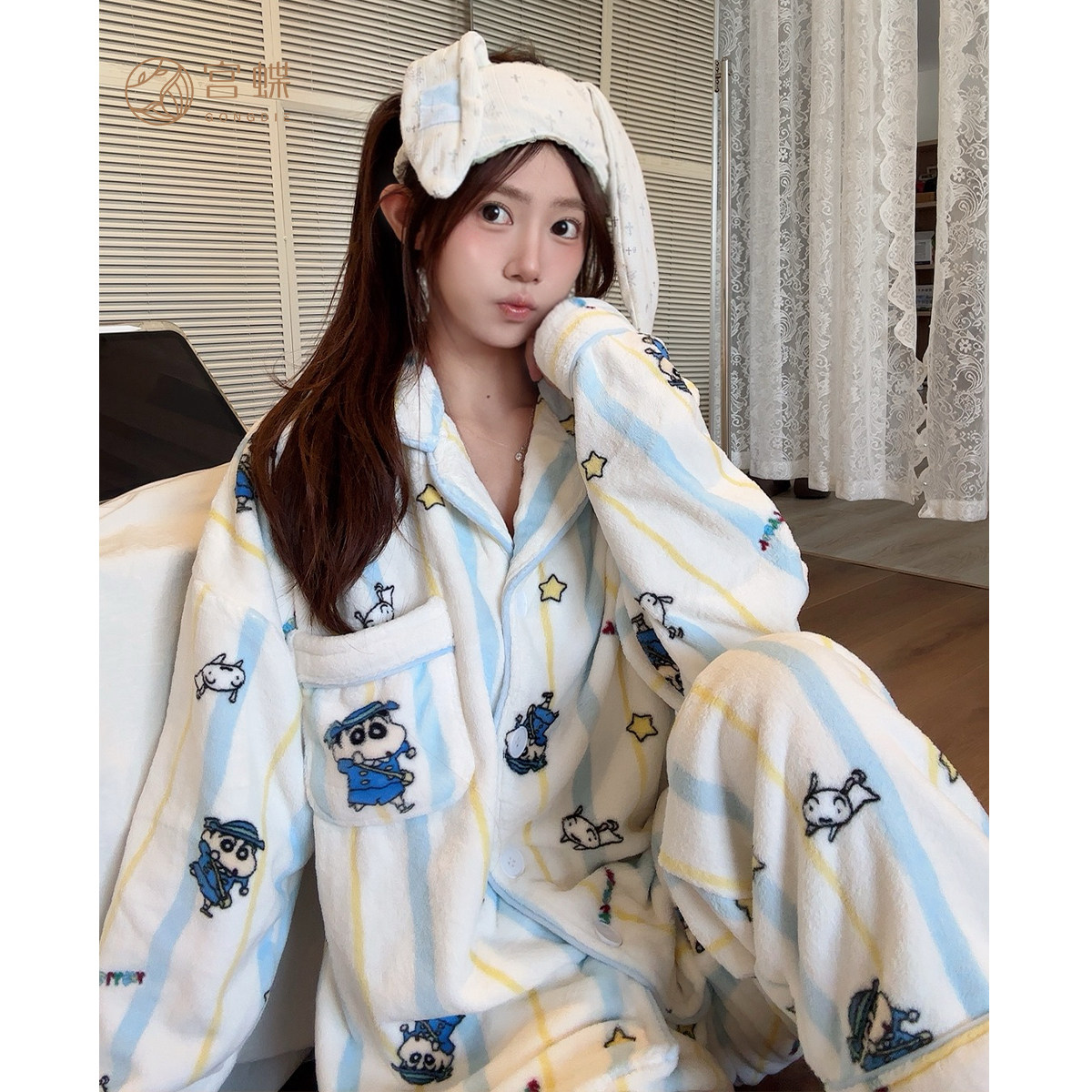 宫蝶【蓄热型】蜡笔小新情侣睡衣女冬季法兰绒保暖可爱家居服男士