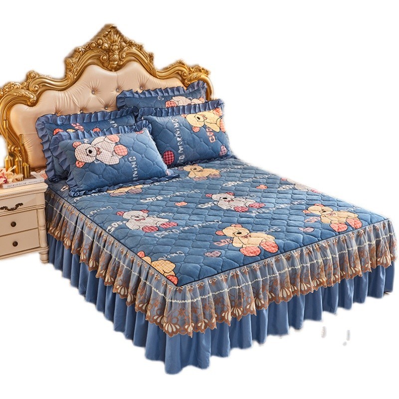 冬季新款水晶绒夹棉床裙加厚珊瑚绒床罩加绒保暖单件床套防滑床盖