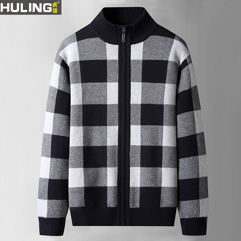 男士精梳棉全棉针织外套宽松格子拉链立领加绒加厚保暖毛衣夹克