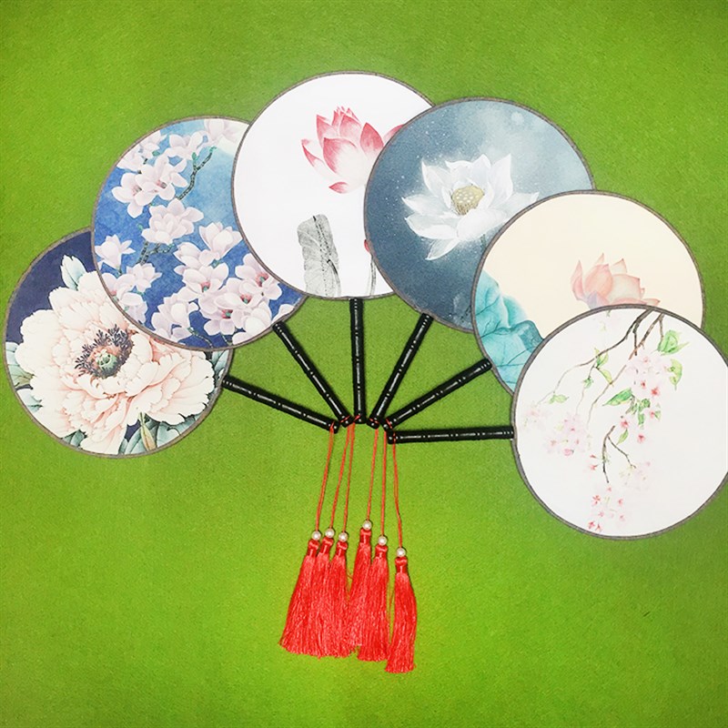 大号24CM宫扇双面牡丹绫绢布加厚圆扇中国风舞蹈团扇子宫廷礼品扇