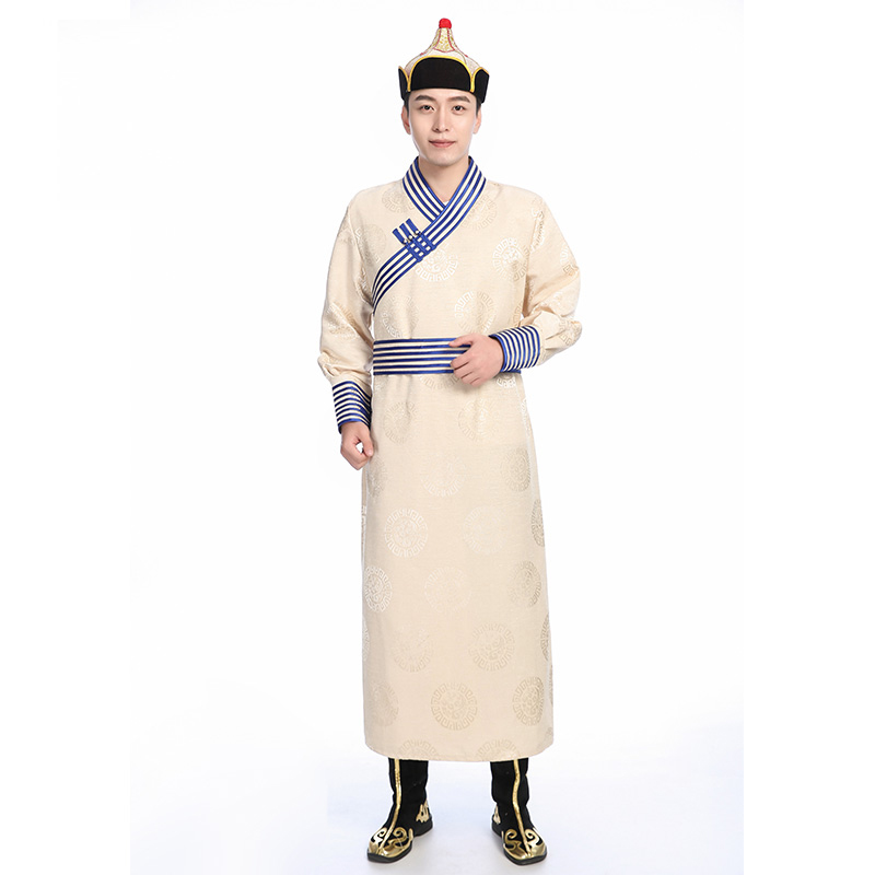 新款蒙古袍男士长款民族服装提花传统蒙古衣服日常装蒙古演出服装