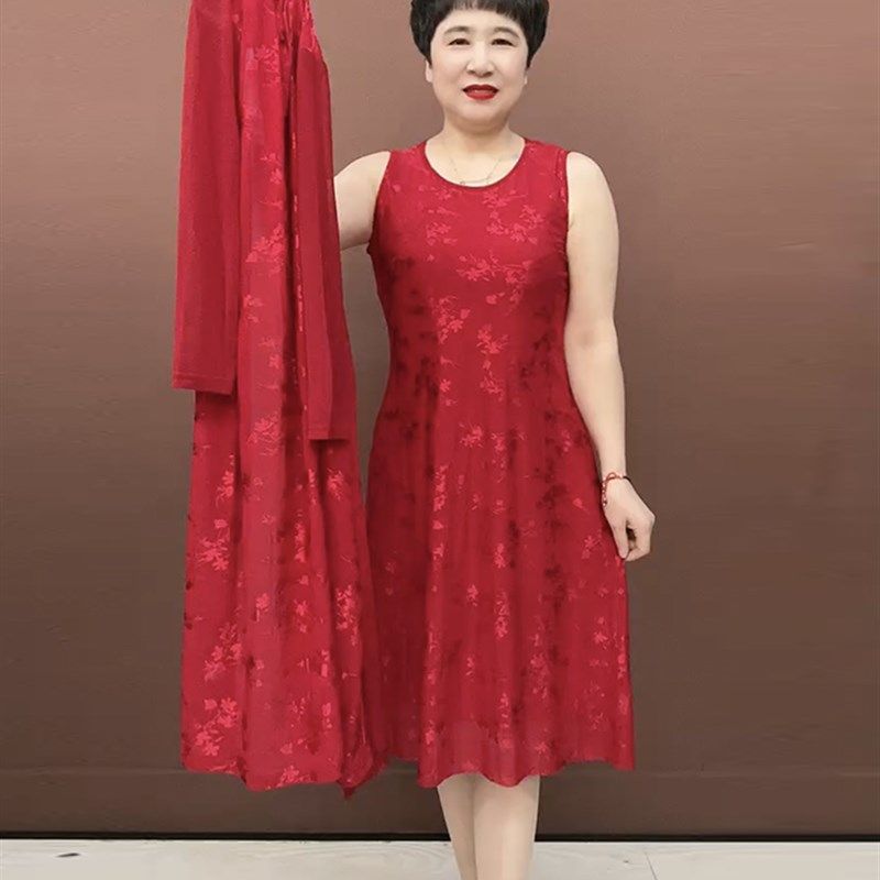 时尚妈妈蕾丝网纱连衣裙气质弹力显瘦背心裙开衫防晒外搭中款套裙