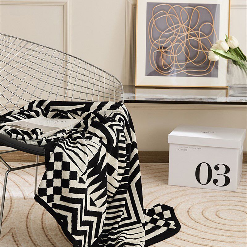 北欧风几何针织毛毯复古黑白格全棉毯子午睡毯民宿装饰盖毯披肩毯