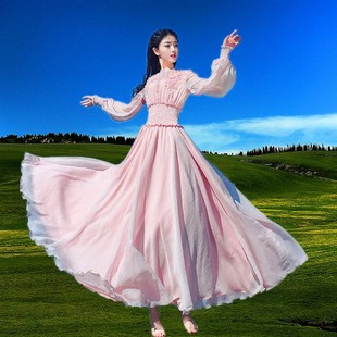 很仙的法式春夏装甜美粉色长袖雪纺大摆连衣裙旅游度假仙女长裙子