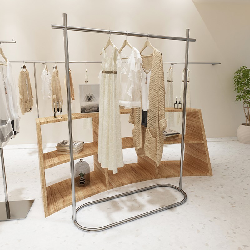 服装店展示架落地式轻奢风挂衣架银色女装货架不锈钢拉丝衣服架子