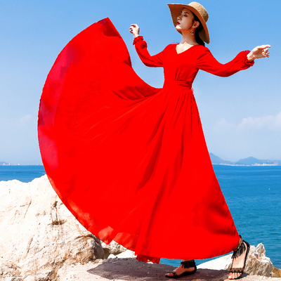 旅拍复古V领大红色雪纺沙滩裙长袖大摆海边度假连衣裙飘逸长裙子
