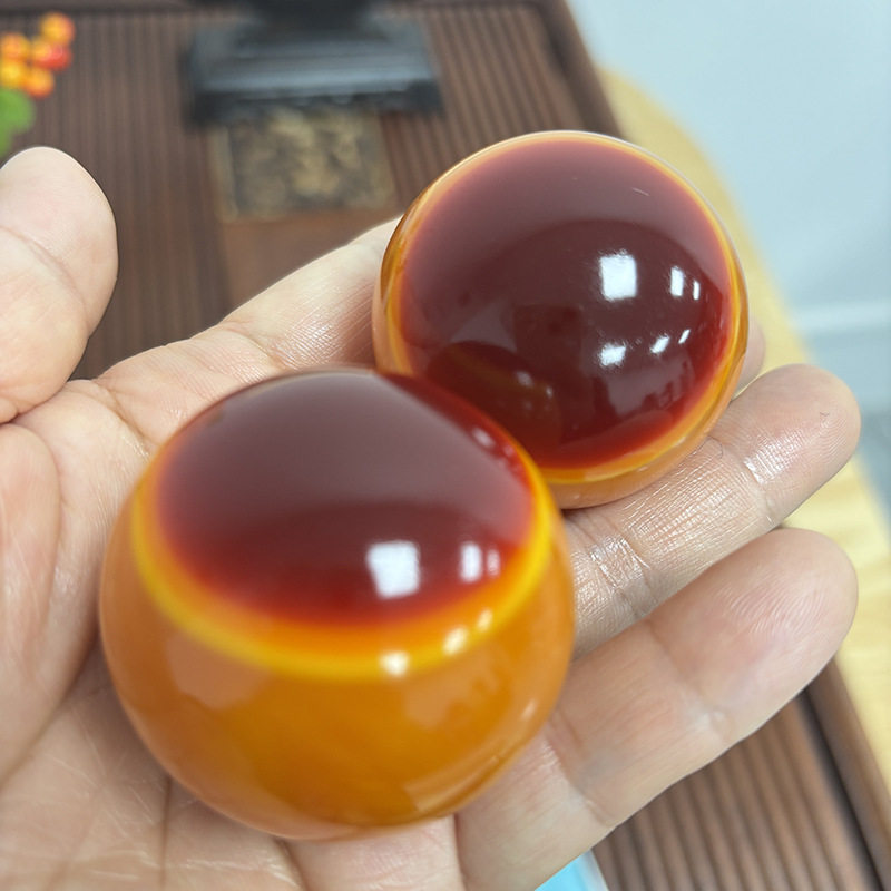 仿鹤顶红仿鸟原红大珠手球一对生长纹路细密钙化自然文玩盘玩43