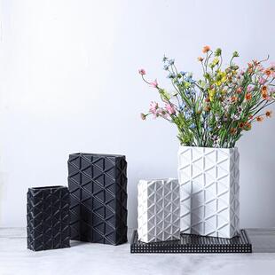黑白几何长方形网格华夫饼陶瓷花瓶摆件餐桌茶几书桌床头柜装饰品