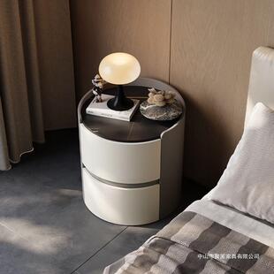 意式岩板实木圆形床头柜家用卧室简约现代轻奢个性创意床头储物柜
