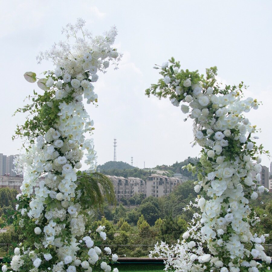 婚礼装饰白色森系牛角拱门套装 绢花迎宾背景摄影道具花