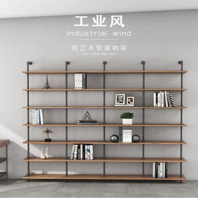 哇原木创意搁板书架创意水管上墙铁艺置物架loft工业风实木大型架