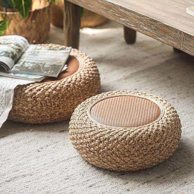 棕色草编藤席坐垫日式榻榻米垫子四季通用茶室飘窗坐凳圆形