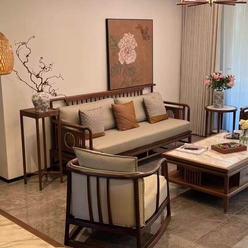 新中式沙发直排黑胡桃木感客厅接待两用双人三人布艺沙发