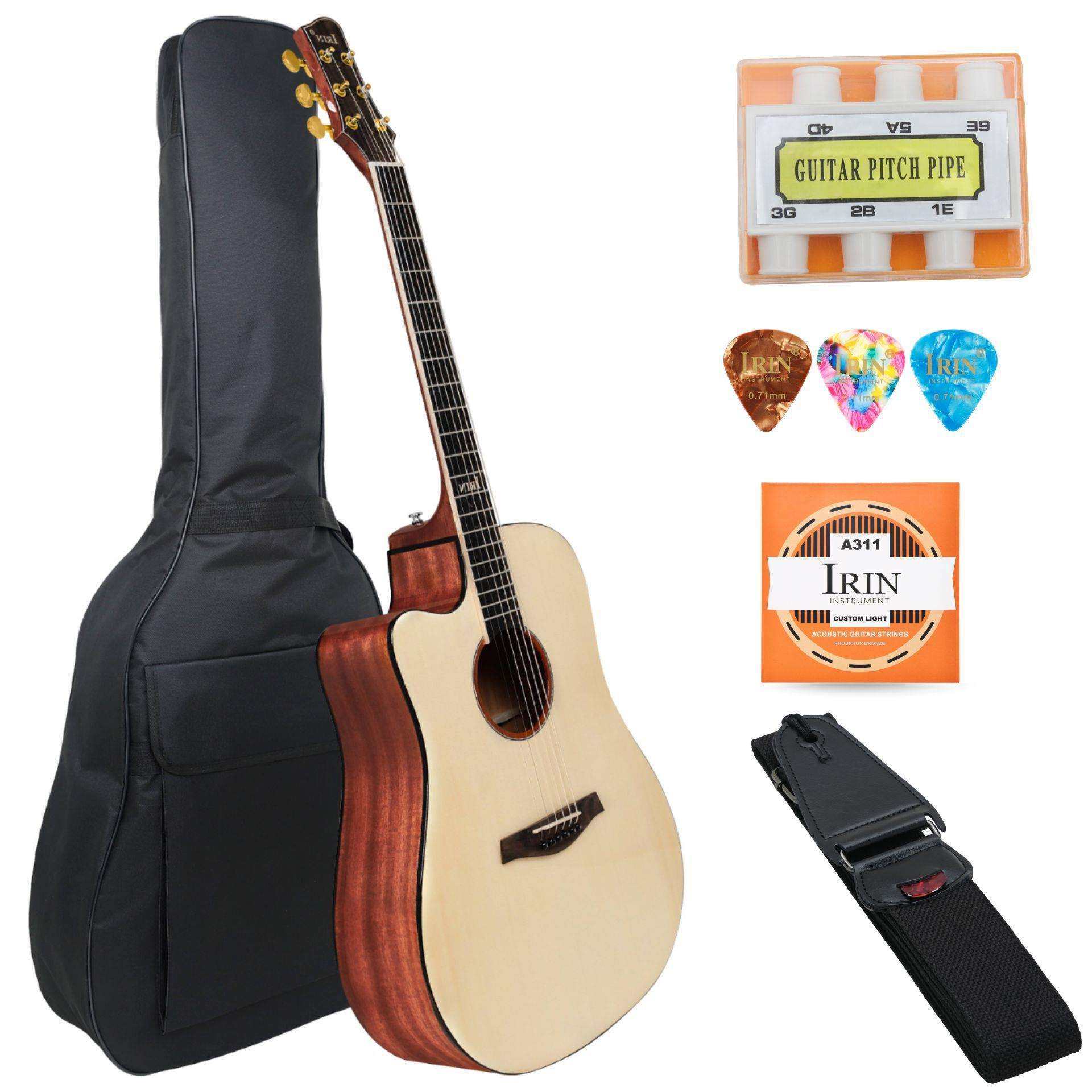 高端41英寸金色旋钮缺角云杉面板民谣吉他套装带乐器配件琴包肩带