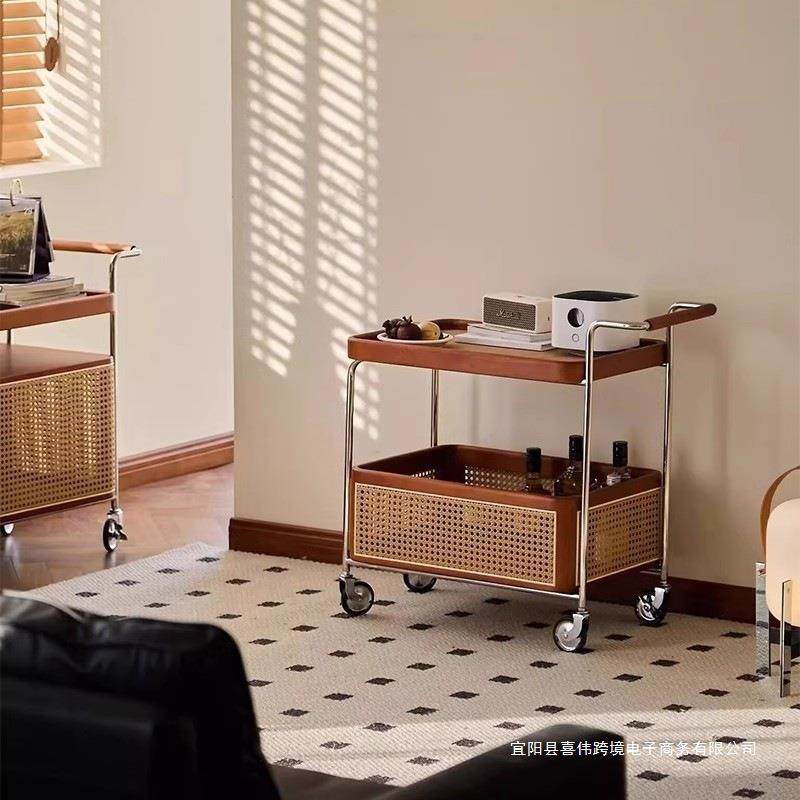 边几中古小推车实木藤编客厅移动收纳置物架双层带轮餐边柜家用
