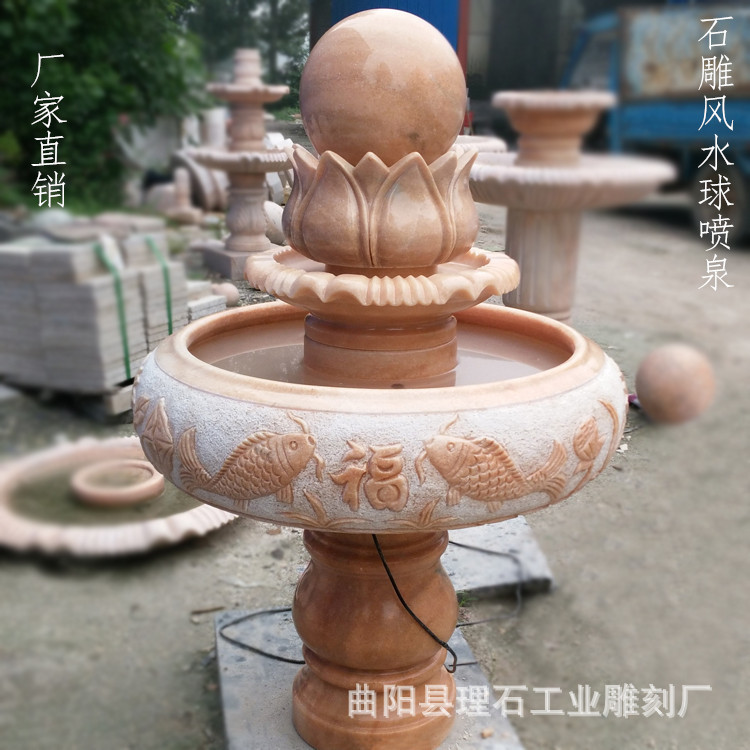 户外大理石风水球雕塑天然晚霞红石雕风水球喷泉客厅办公室装饰件