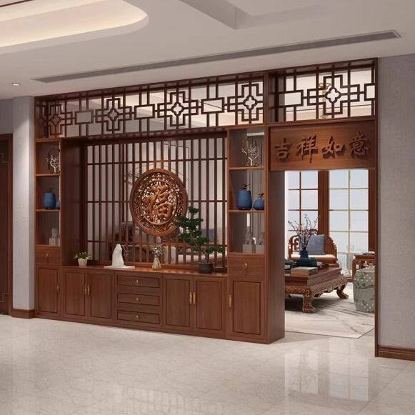 新中式玄关柜置物架实木屏风隔断客厅餐厅入户正对大门遮挡博古架