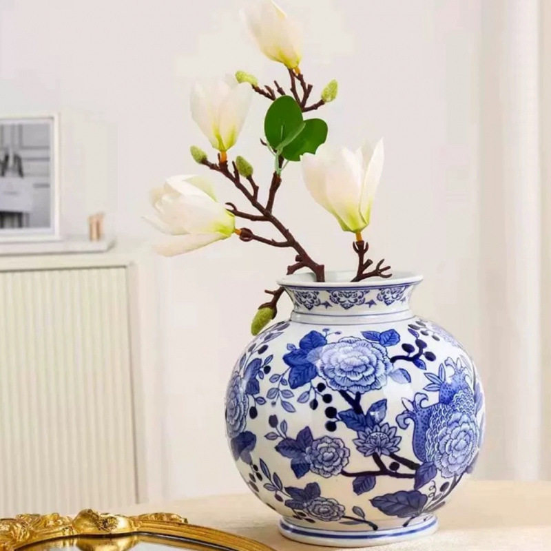 手绘复古国风青花花瓶陶瓷摆件鲜花玄关家居客厅插花装古典大口径