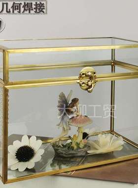 G622A工厂直销金色全铜几何透明玻璃翻盖婚礼卡片盒收纳盒