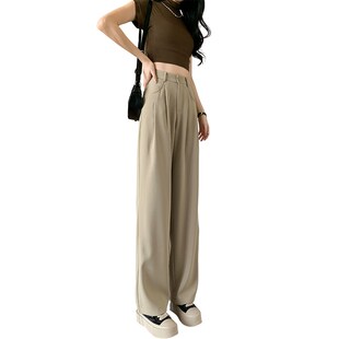 150-155小个子卡其色直筒西装裤女夏季显高垂感休闲窄版阔腿裤xxs