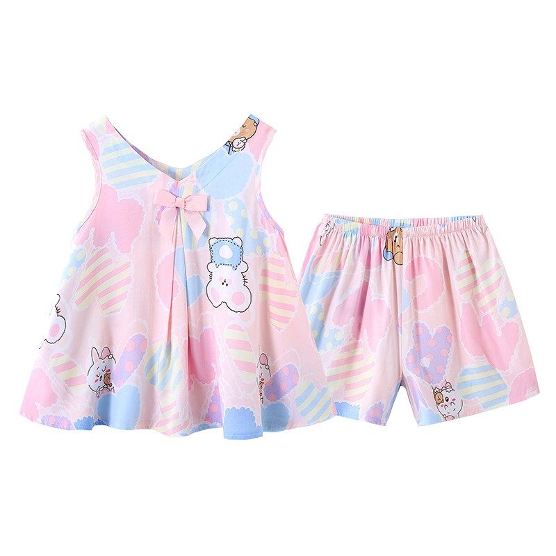 女童睡衣夏季薄款绵绸棉绸无袖小孩中大儿童条纹心空调家居服套装