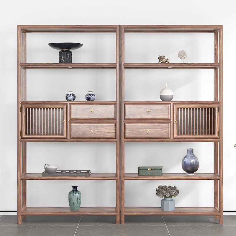 原木新中式实木书柜书架黑胡桃木博古架展示柜简约茶室柜置物柜
