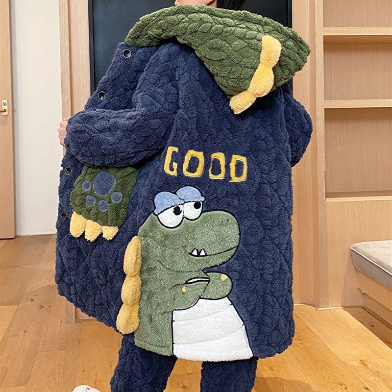 儿童睡衣男童珊瑚绒秋冬款三层夹棉2024新款睡袍加绒加厚款家居服