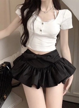 法式黑色蝴蝶结半身裙女夏装防走光高腰裤裙A字蓬蓬裙荷叶边半裙