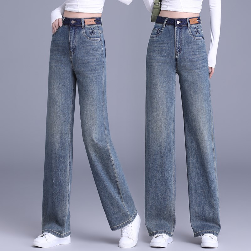 纳米蓝牛仔裤女2025年新款高腰直筒长裤柔软垂感显瘦窄版阔腿裤子