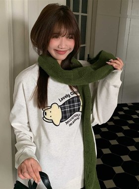 AGXS秋冬新款格子小狗贴布毛巾绣圆领套头卫衣长袖宽松美式上衣