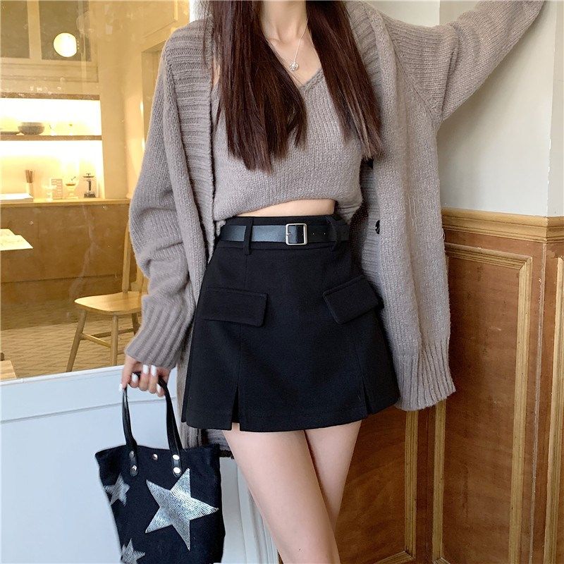 大码毛呢半身裙女秋冬超火高腰开叉a字包臀裙裤胖mm遮肚西装短裙