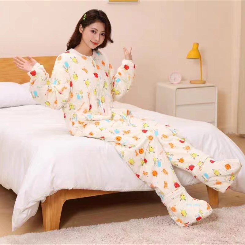 儿童法兰绒睡袋纯棉秋冬季加厚分腿亲子成人连身包脚可拆脚防踢被