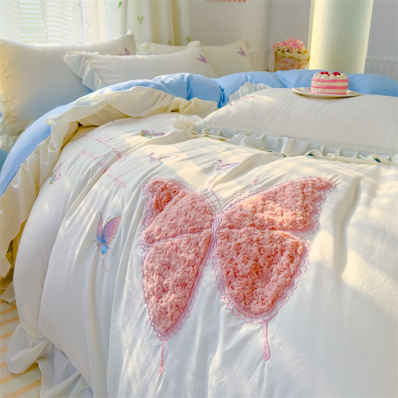 A类双层纱床上四件套毛巾绣非全棉纯棉被套床单学生三件套床笠款4