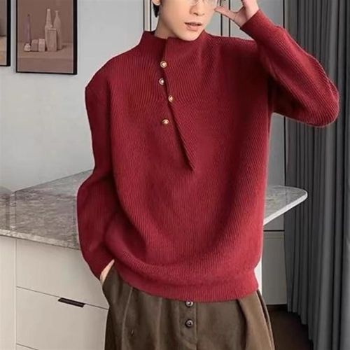 秋冬重磅880g复古高领纽扣设计感毛衣男休闲百搭宽松针织衫上衣潮