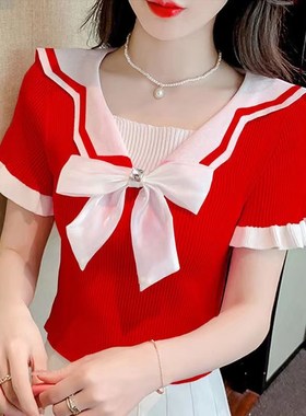 蝴蝶结短袖针织衫女2024夏季新款娃娃领拼接小清新修身上衣t恤潮