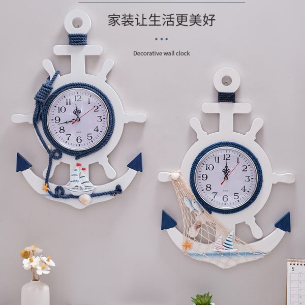 地中海风格复古做旧船锚挂钟墙面装饰品挂件木质船舵创意静音钟表
