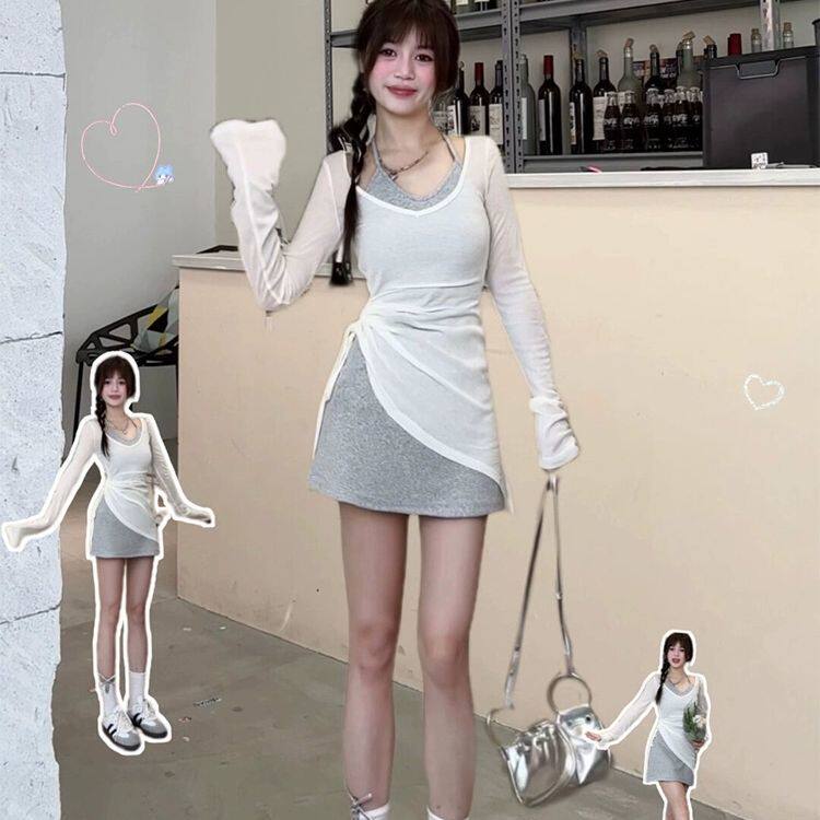 灰色挂脖吊带连衣裙子女