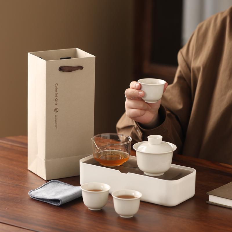 户外旅行茶具陶瓷一壶三杯露营便携式功夫盖碗套装收纳盒小泡茶台