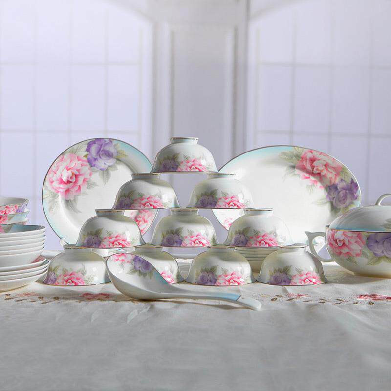 骨瓷餐具套装碗碟家用碗盘碗具50头加LOGO