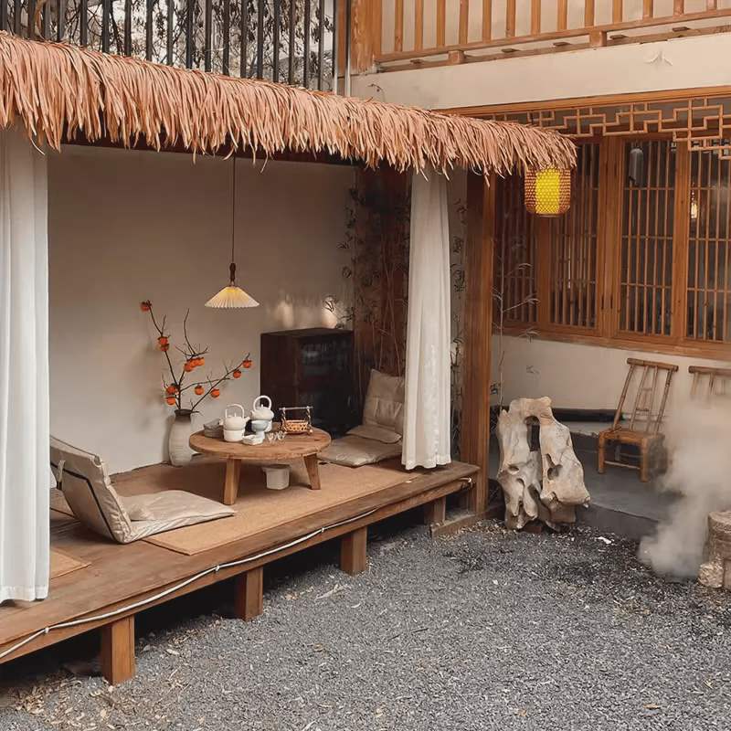 中式仿古实木茅草亭花园造景