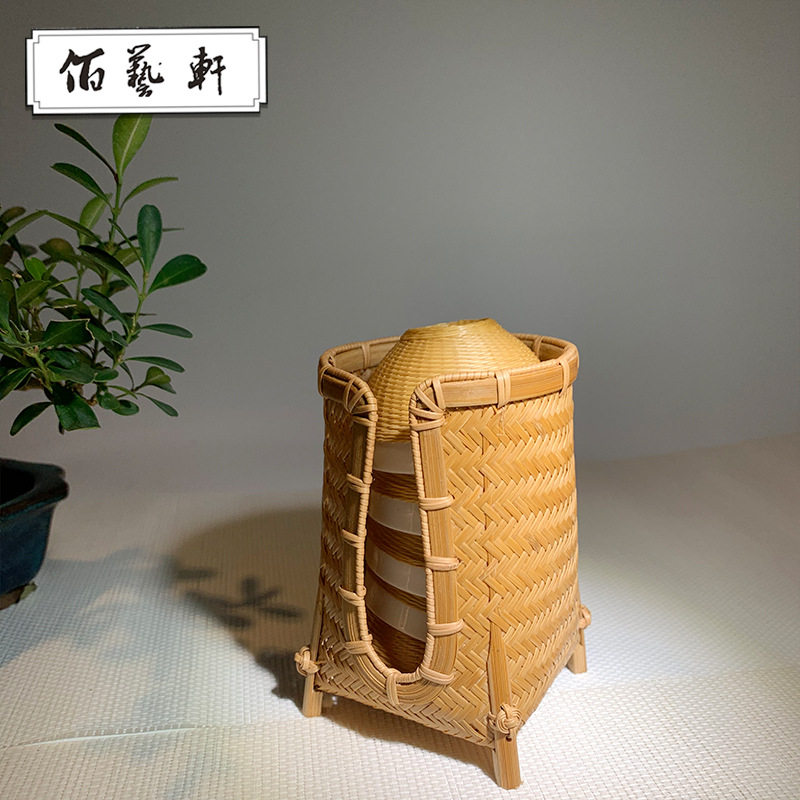 佰艺轩东阳竹编复古杯篓 桌面茶具收纳 便携茶杯架 茶道零配件