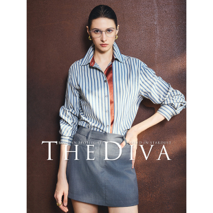 撞色拼接设计条纹长绒棉衬衫 THE 时髦 经典 通勤气质衬衣 DIVA现货