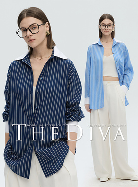 THE DIVA/现货/经典蓝色条纹衬衫女莱赛尔25早秋气质通勤撞色衬衣
