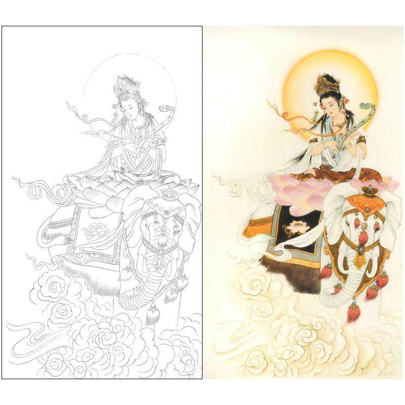 高清工笔画打印白描底稿竖幅人物普贤工笔实物透稿初学者临摹676X